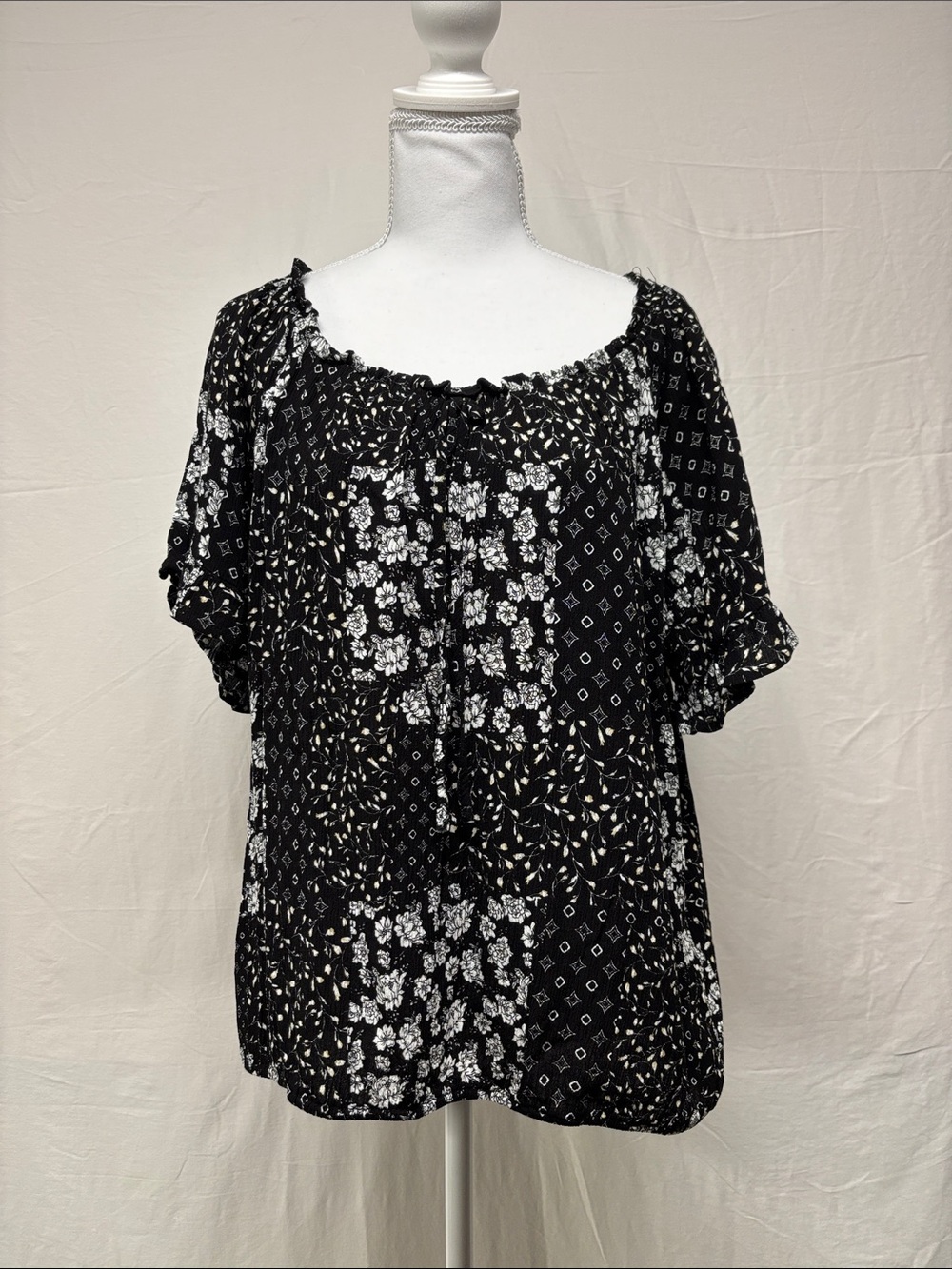 Black Floral Patchwork Peasant Blouse
